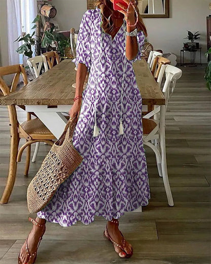 BARILA - Robe Maxi à Imprimé Géométrique avec Décolleté en V