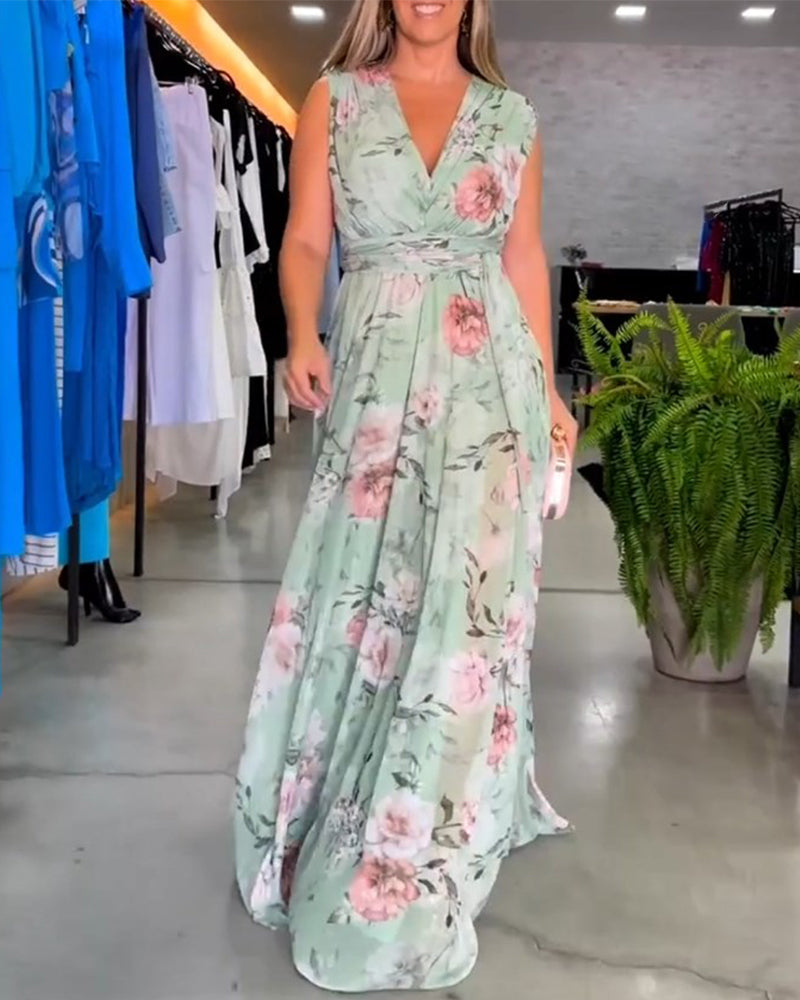 Gia - Robe longue sans manches à fleurs avec fente