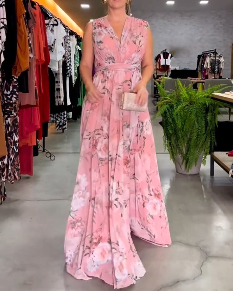Gia - Robe longue sans manches à fleurs avec fente