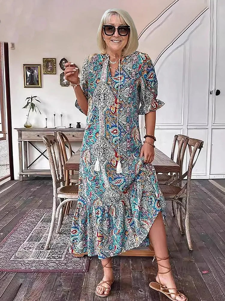 Mevelyn - Robe Bohémienne en Paisley avec Franges
