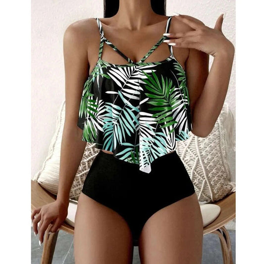 LolaBeach - Tankini à volants et imprimé feuilles