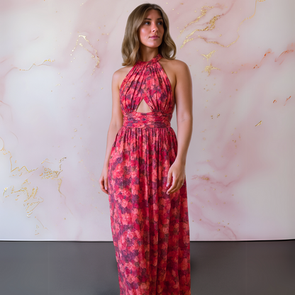 Vania – Robe Maxi Florale Élégante avec Dos Nu