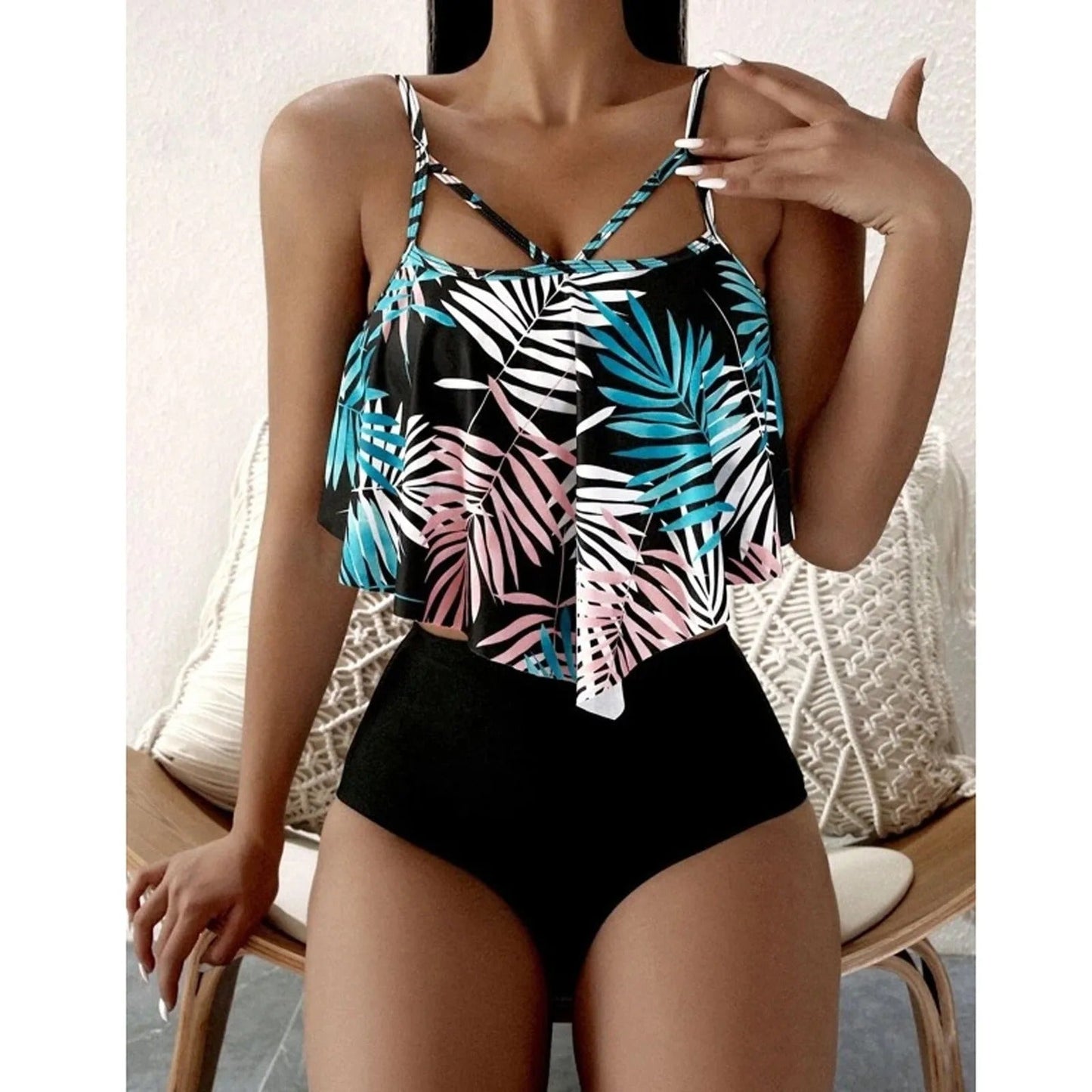 LolaBeach - Tankini à volants et imprimé feuilles