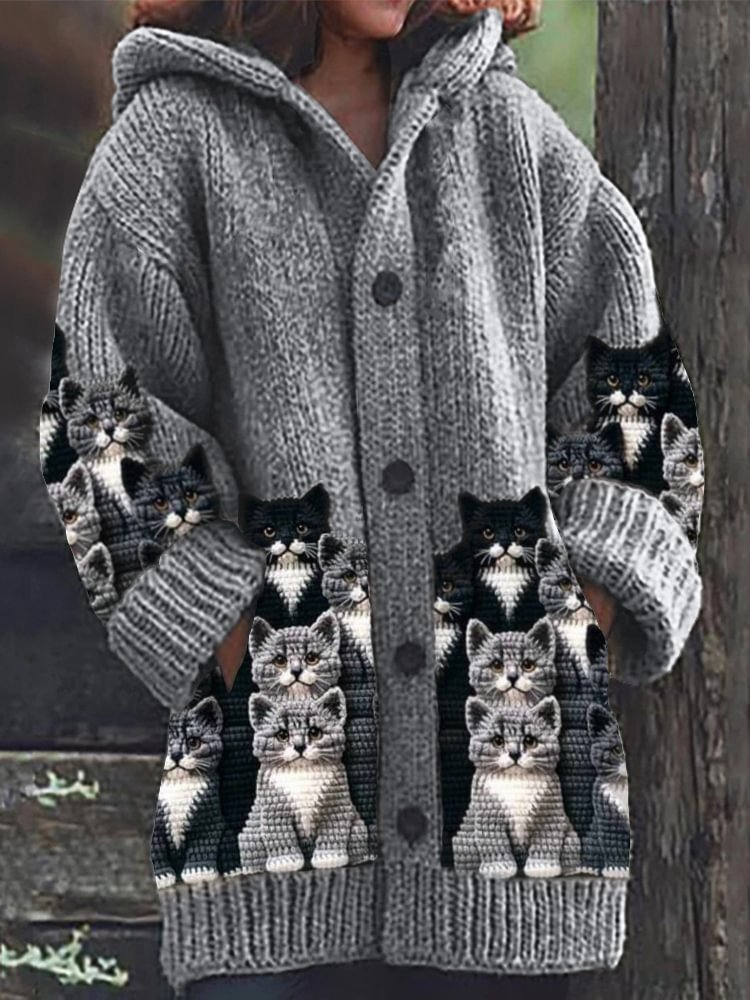 Jasmin - Cardigan en Tricot Accueillant avec Imprimé de Chat