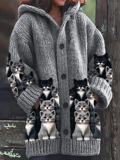 Jasmin - Cardigan en Tricot Accueillant avec Imprimé de Chat