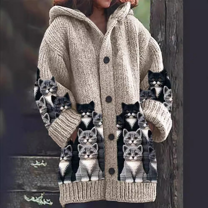 Jasmin - Gilet en Tricot Douillet avec Imprimé de Chats