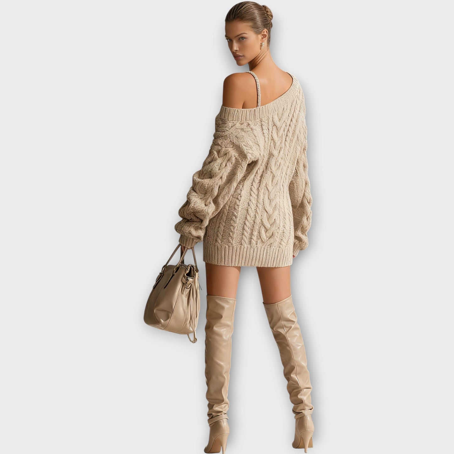 Robe Pull en Maille Tressée avec Épaules Découvertes