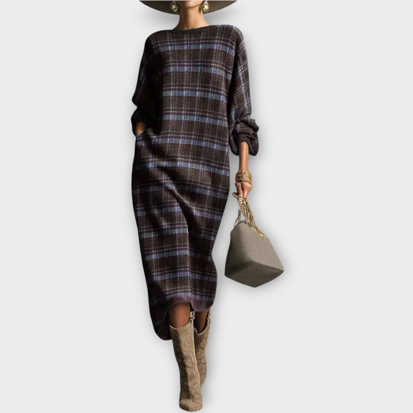 Robe Midi en Tricot à Carreaux