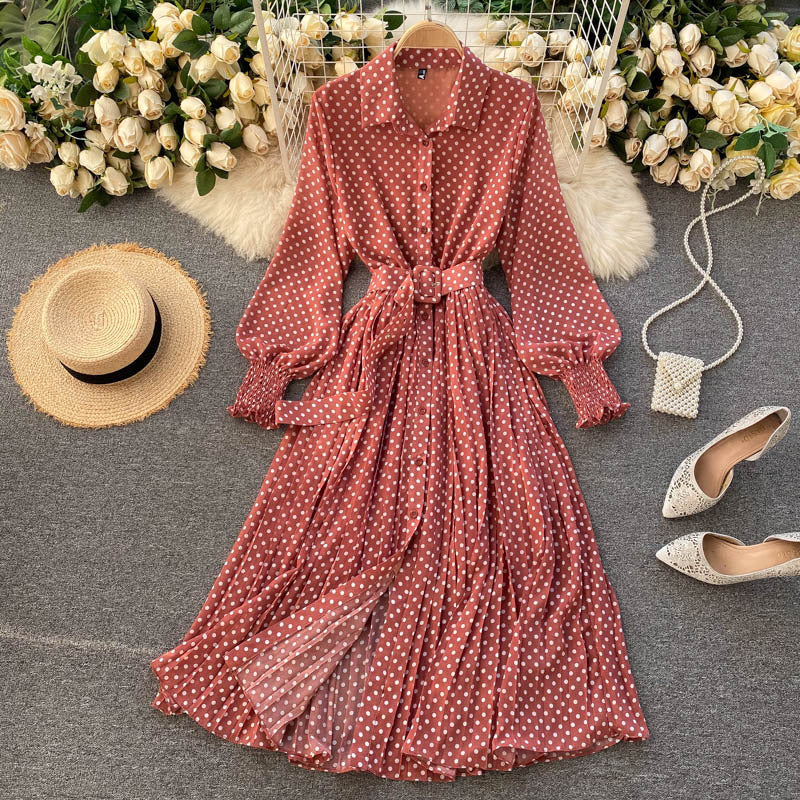 Robe Plissée en Chiffon à Pois