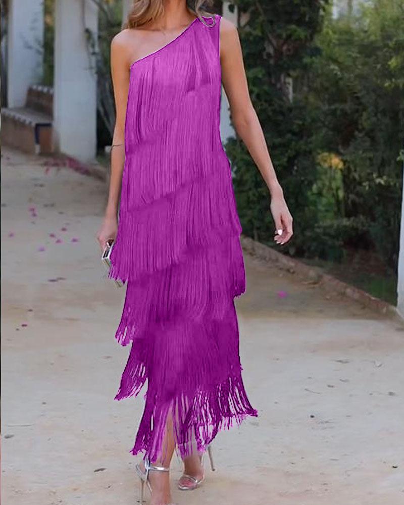 Robe à franges élégante Maya avec épaules dénudées