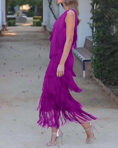 Robe à franges élégante Maya avec épaules dénudées