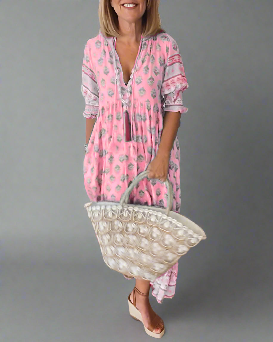Friederike | Robe Midi avec Décolleté en V et Élégantes Manches Bouffantes
