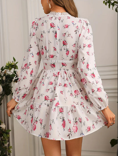 Robe Mini Fleurie pour Femmes avec Manches Longues Bouffantes et Décolleté en V