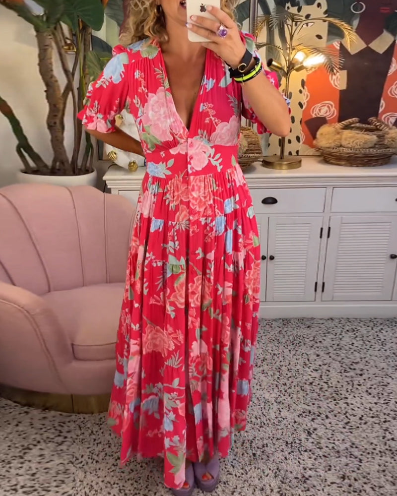 Catrisa ~ Robe Fleurie avec Décolleté en V et Poches