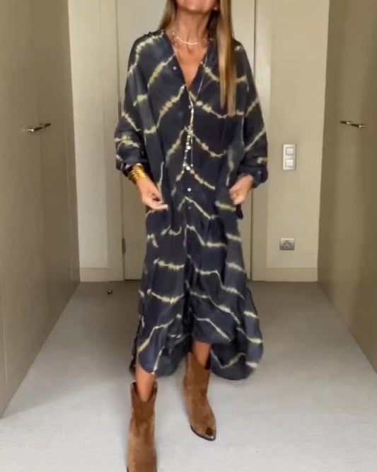 BOMEA - Robe Longue à Manches Longues avec Rayures Boho
