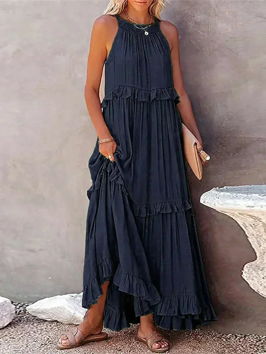 Ilona - Robe Halter avec Volants et Poches Maxi