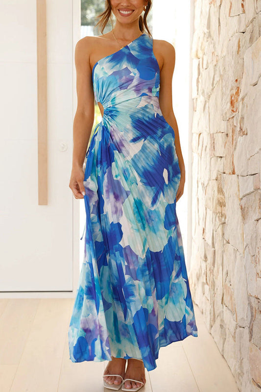 Deja - Robe Maxi Plissée à Épaule Unique avec Motif Floral