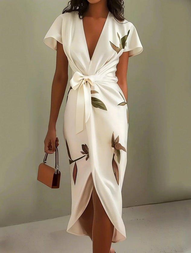 Robe ajustée Florence en satin avec manches courtes et motif de feuilles blanches