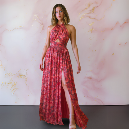 Vania – Robe Maxi Florale Élégante avec Dos Nu
