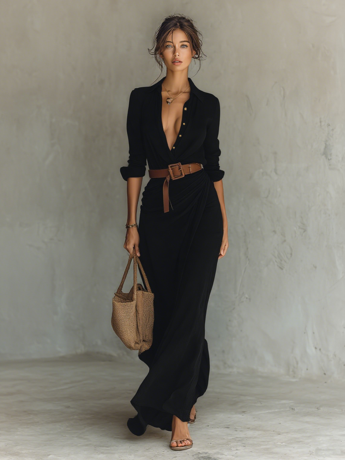Robe Maxi Longue avec Col Revers pour Femmes, Manches Longues, Fermeture à Un Bouton