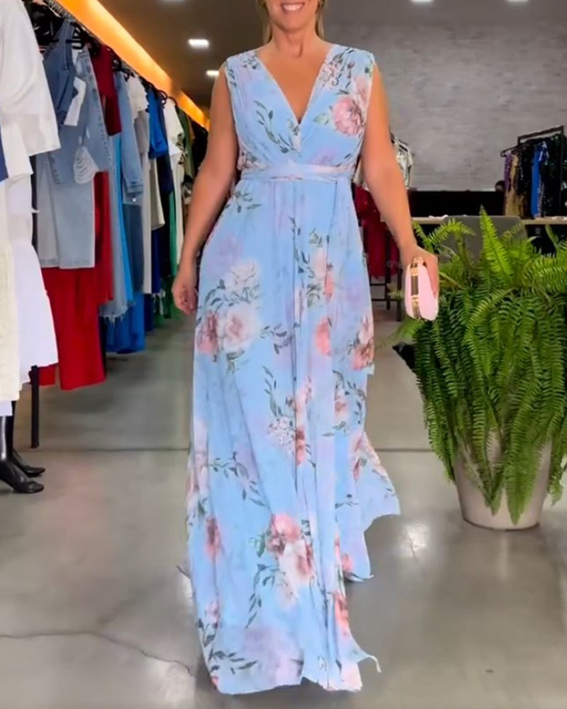 Gia - Robe longue sans manches à fleurs avec fente