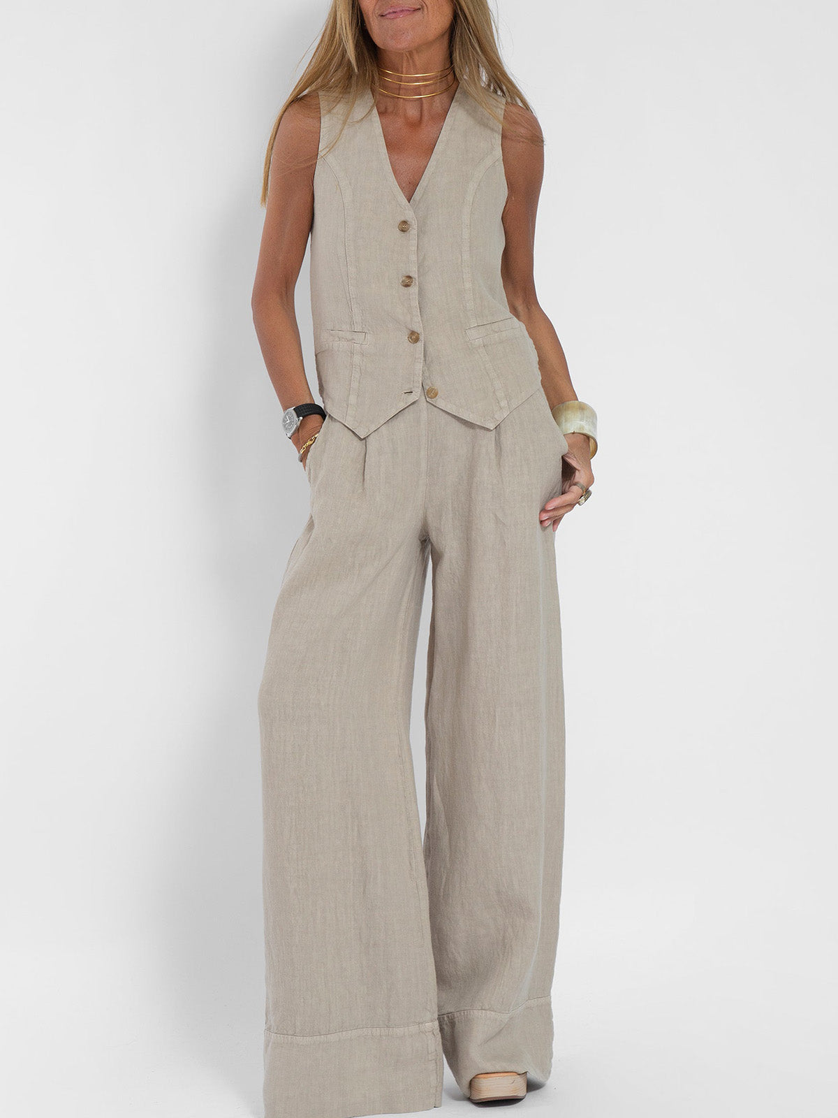 Jessica - Ensemble Gilet Boutonné & Pantalons à Jambes Larges