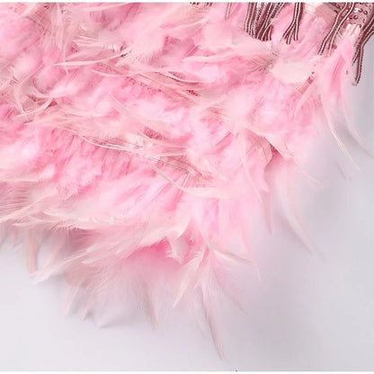 Robe Mini à Bretelles Spaghetti pour Femmes avec Détails en Franges et Ourlet en Plumes