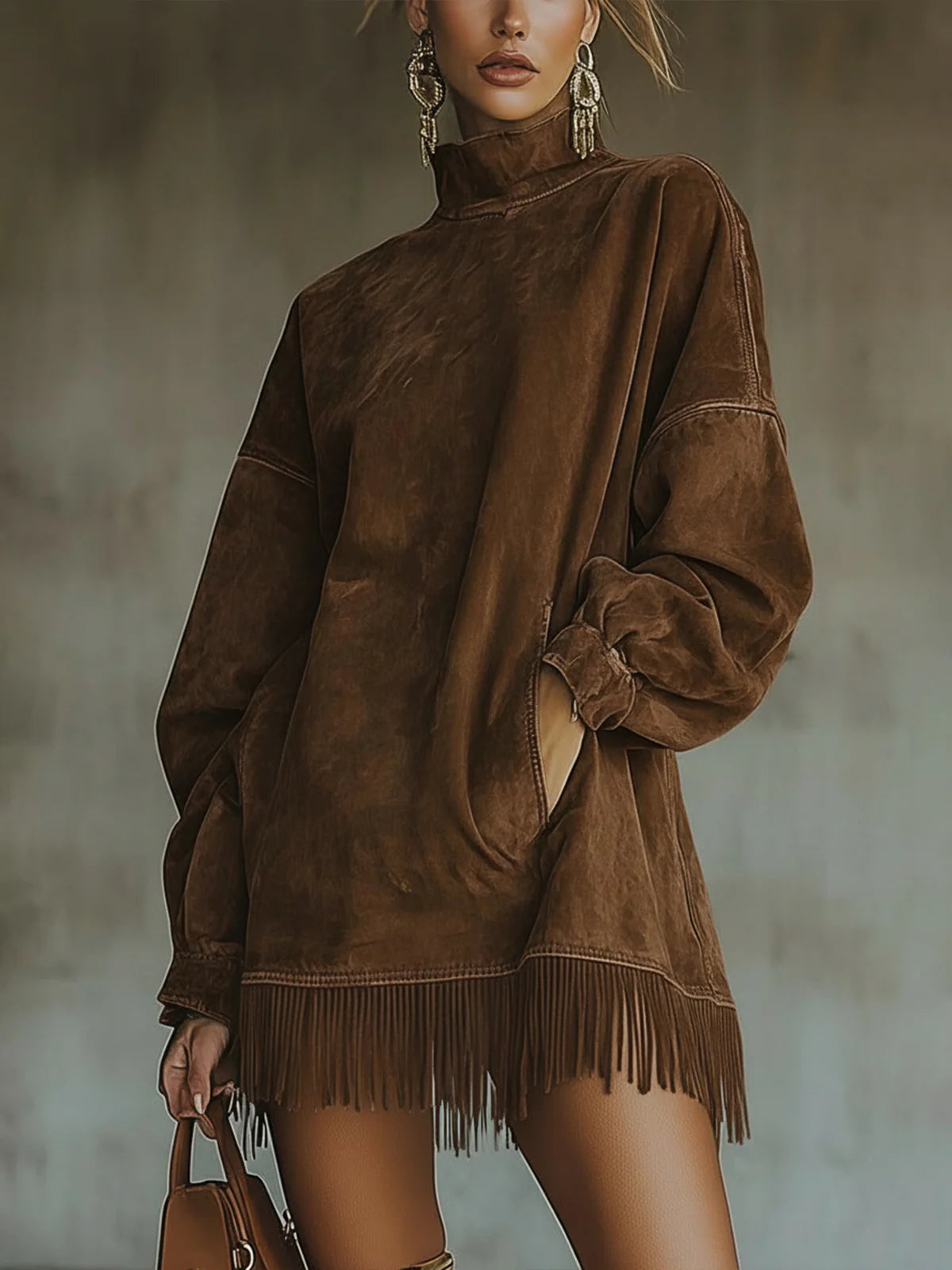 Amalia | Robe en daim avec col haut et franges