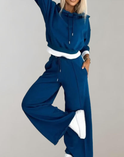 Ensemble femme deux pièces – Sweat-shirt court à capuche et pantalons à jambes larges