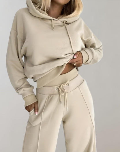 Ensemble femme deux pièces – Sweat-shirt court à capuche et pantalons à jambes larges