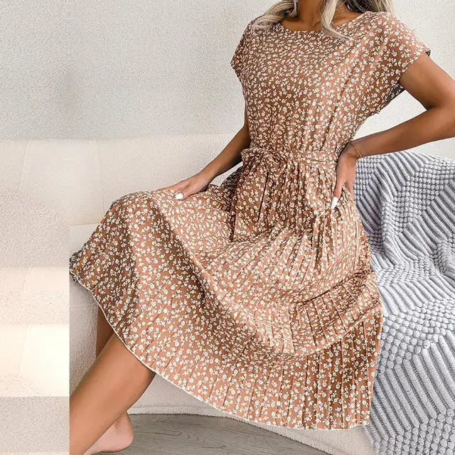 Robe Midi Plissée à Manches Courtes pour Femme avec Ceinture à la Taille