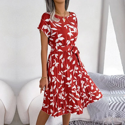 Robe Midi Plissée à Manches Courtes pour Femme avec Ceinture à la Taille