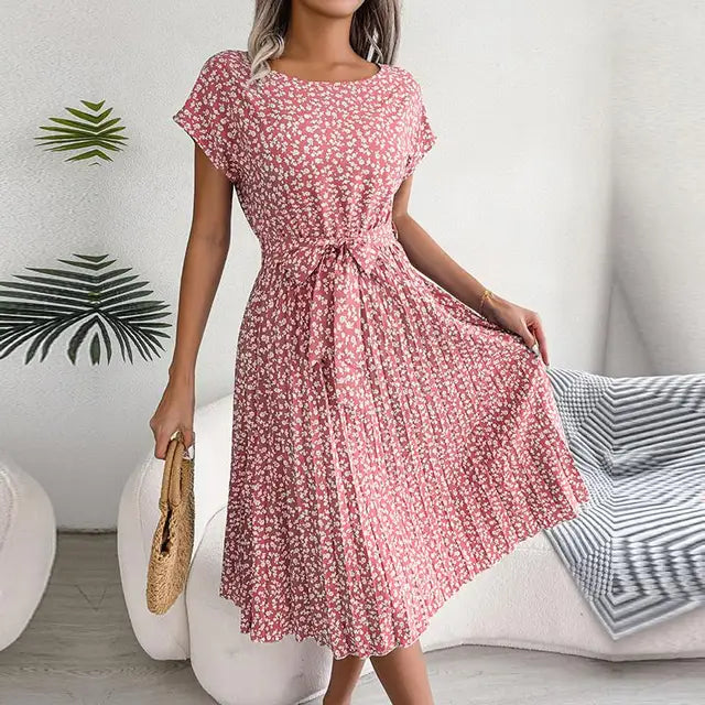 Robe Midi Plissée à Manches Courtes pour Femme avec Ceinture à la Taille