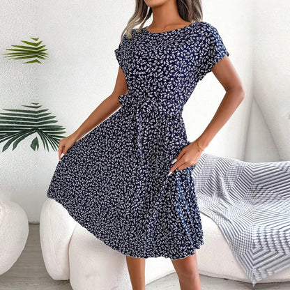 Robe Midi Plissée à Manches Courtes pour Femme avec Ceinture à la Taille