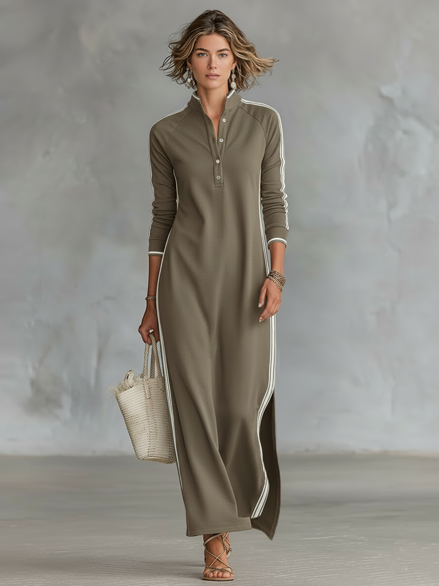 Robe Maxy Sweat Femme avec Col Button-down et Bord Blanc