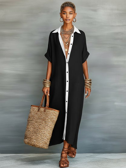Robe Maxi en Lin Minimaliste pour Femme avec Manches Courtes