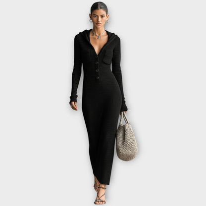 Robe Maxi Côtelée avec Capuche et Boutons