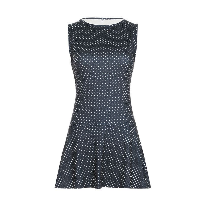 Robe Mini Sans Manches à Pois pour Femme avec Taille Ajustée
