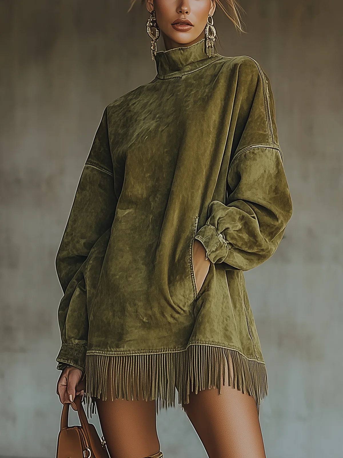 Amalia | Robe en daim avec col montant et franges