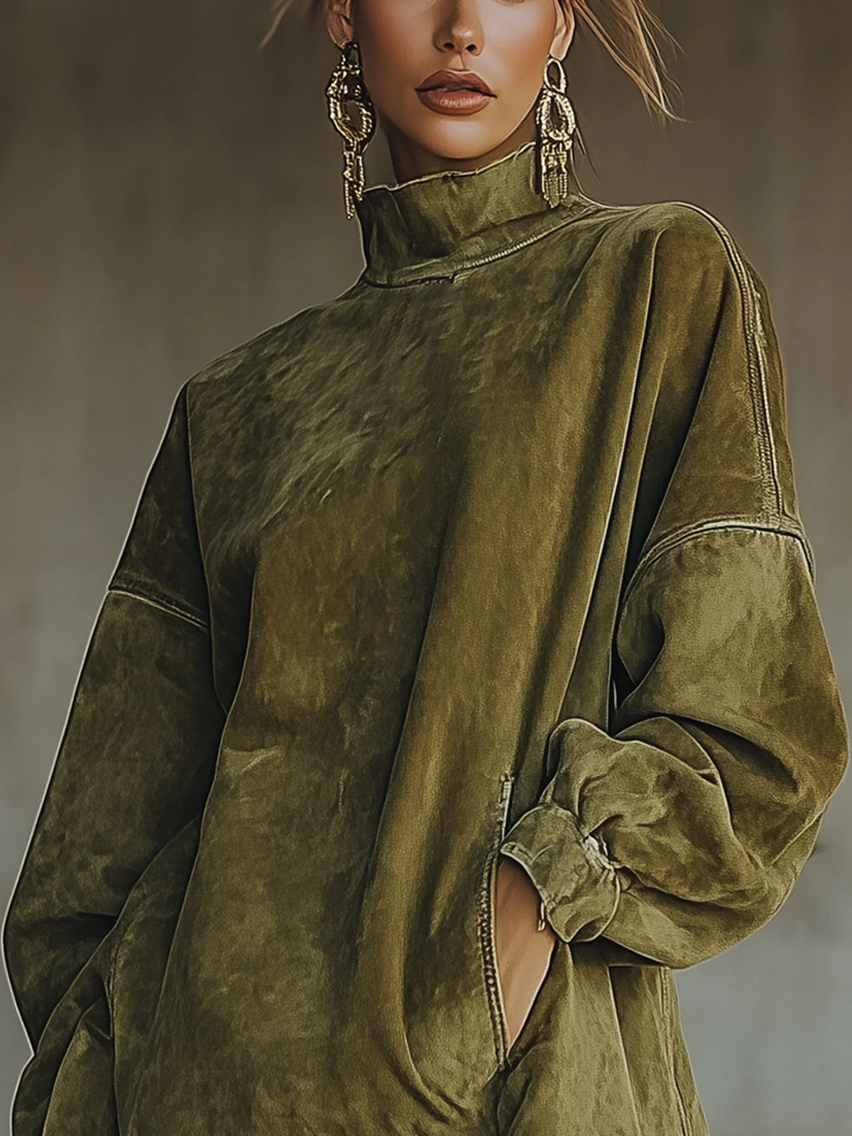 Amalia | Robe en daim avec col montant et franges
