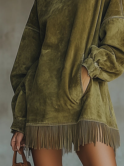 Amalia | Robe en daim avec col haut et franges