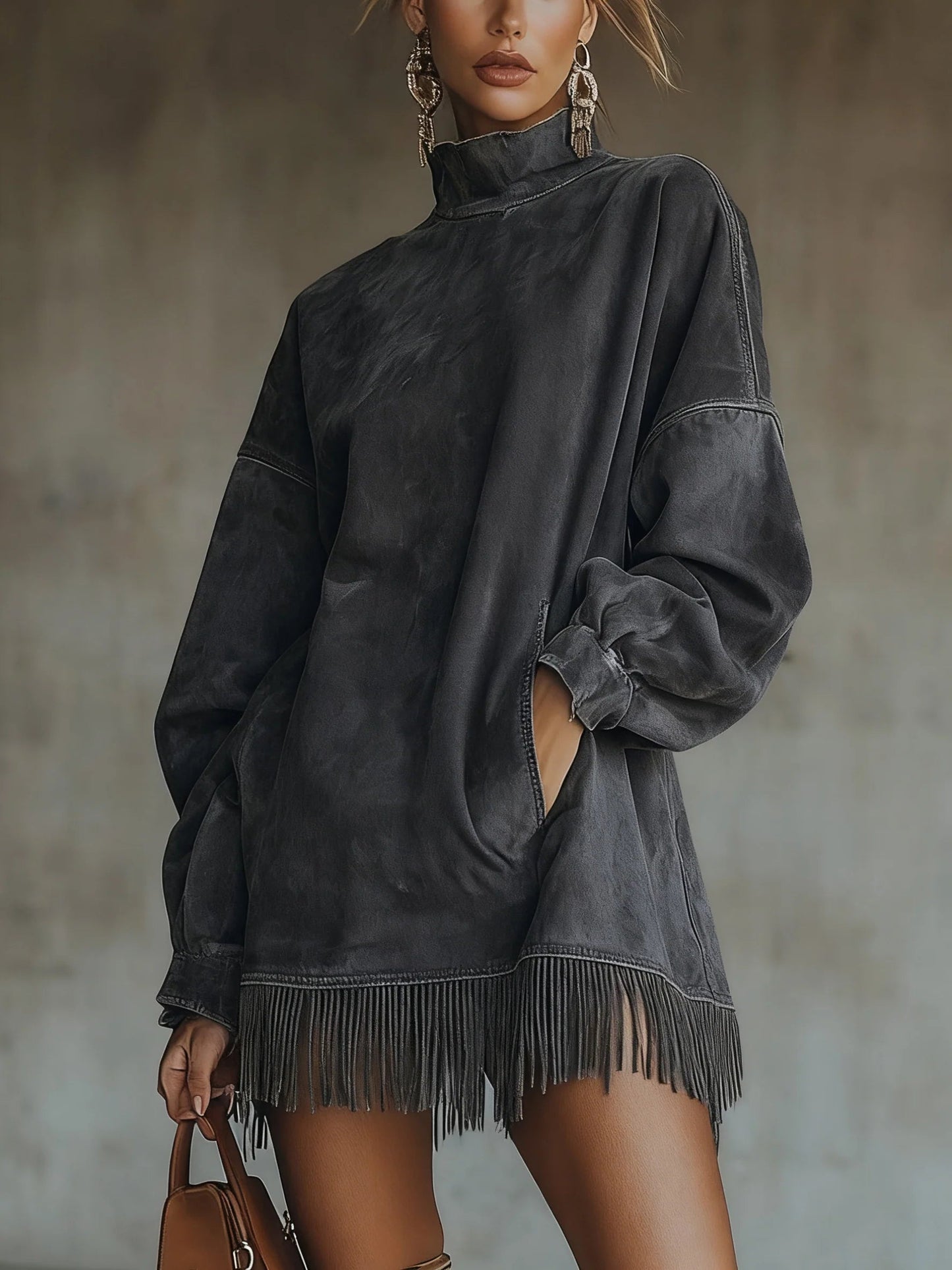 Amalia | Robe en daim avec col haut et franges