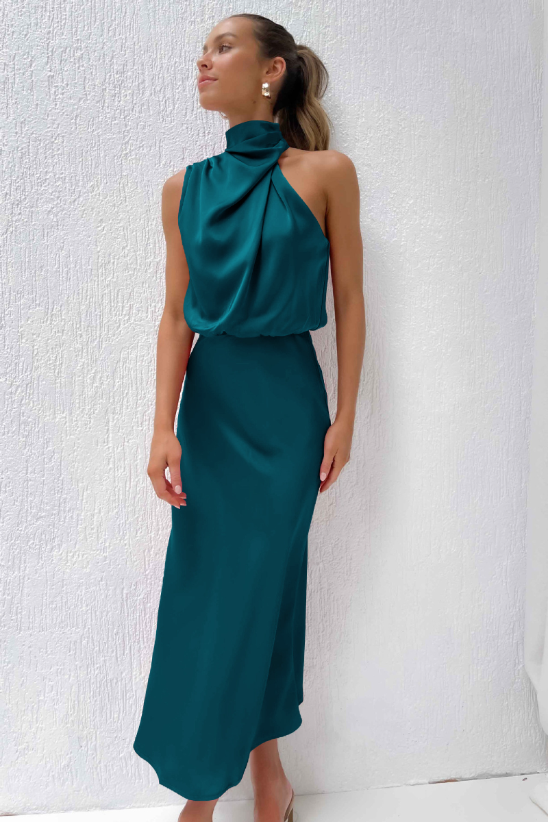Eliana – Robe midi élégante avec décolleté asymétrique