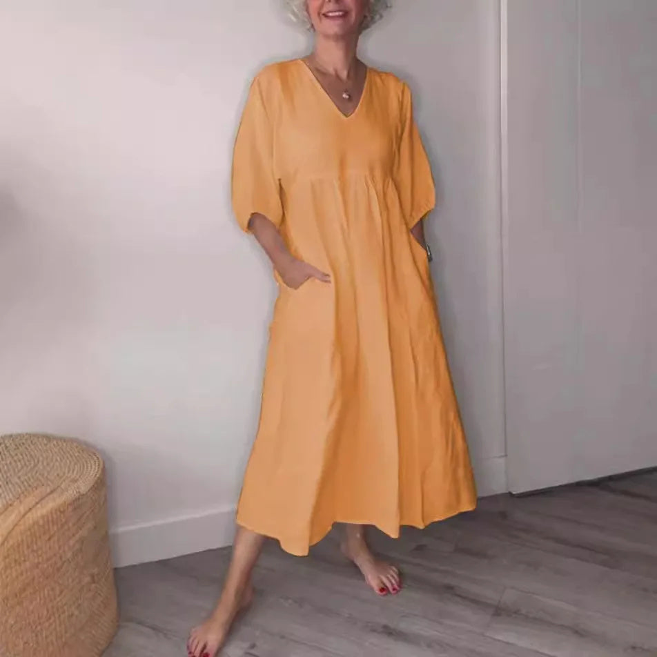 Eeva™ - Robe Midi Décontractée avec Décolleté en V et Poches