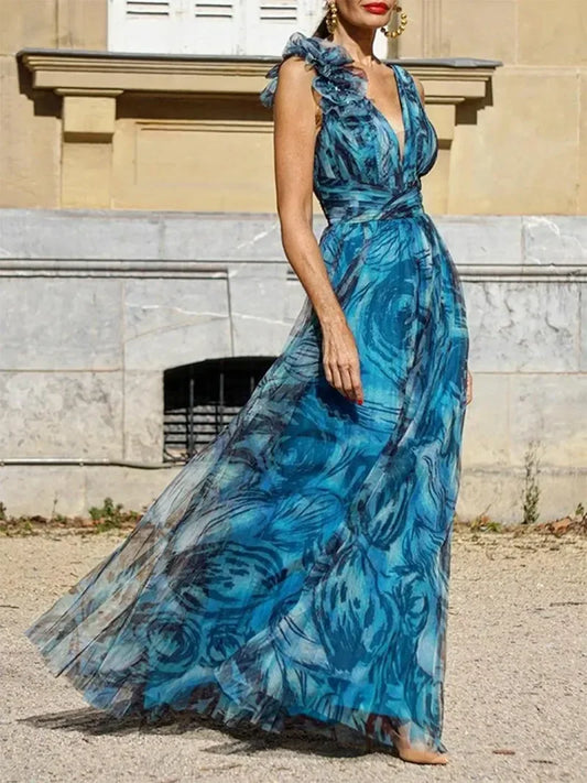 Léna™ | ROBE MAXI BLEUE PAON
