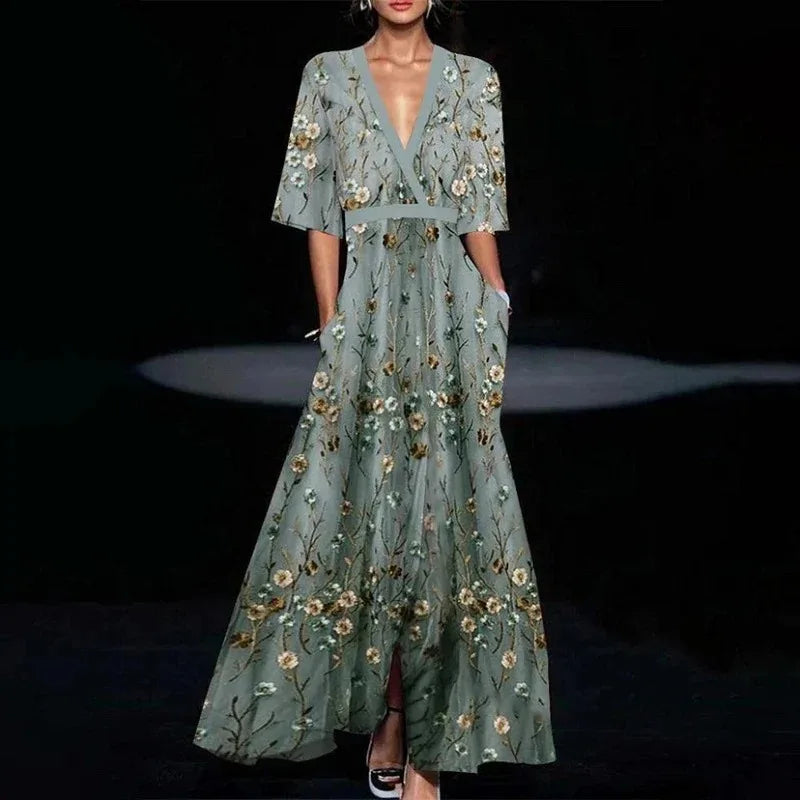Ruby | Robe Maxi Fleurie avec Ceinture et Décolleté en V