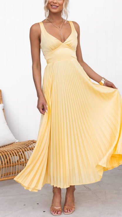 Eline | Robe Maxi Élégante avec Décolleté en V et Jupe Plissée