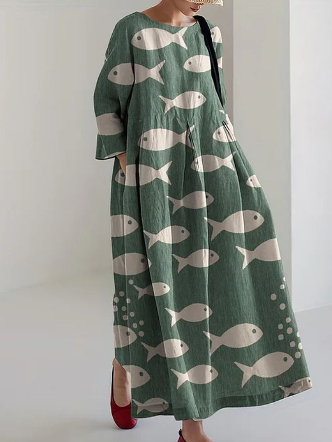 Jolie - Robe Midi Ample avec Imprimé de Poissons