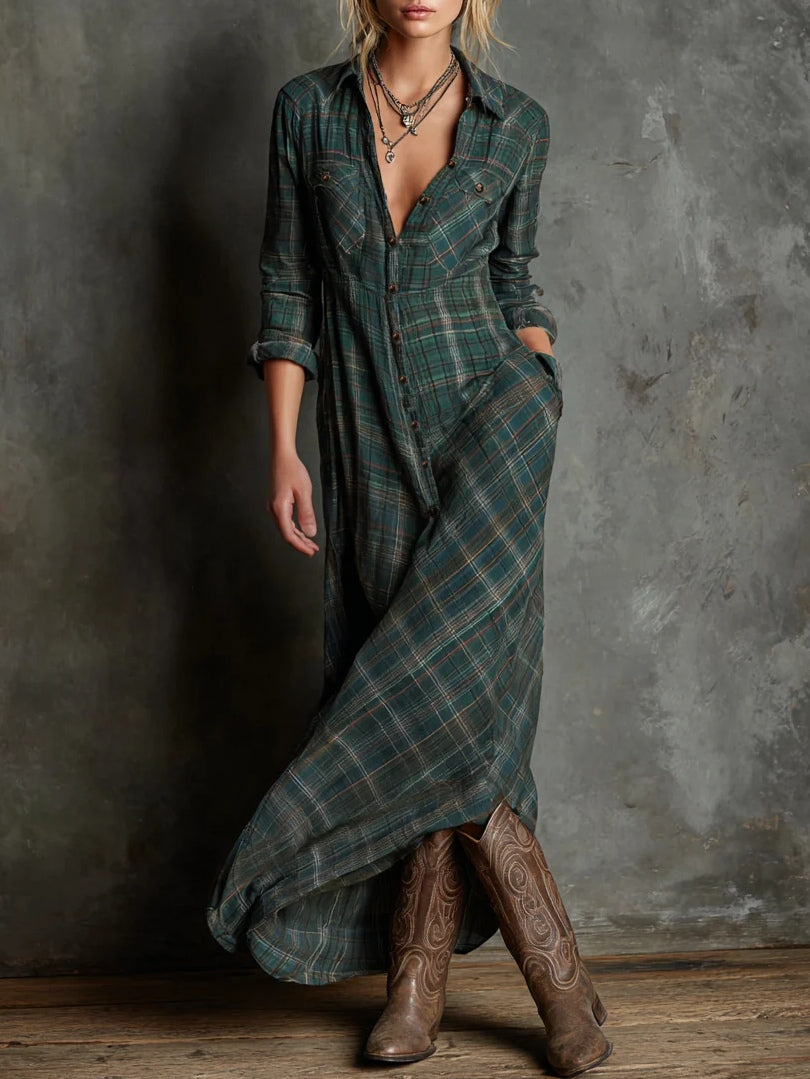 LUCINNE – ROBE CHEMISE MAXI À CARREAUX ÉLÉGANTE