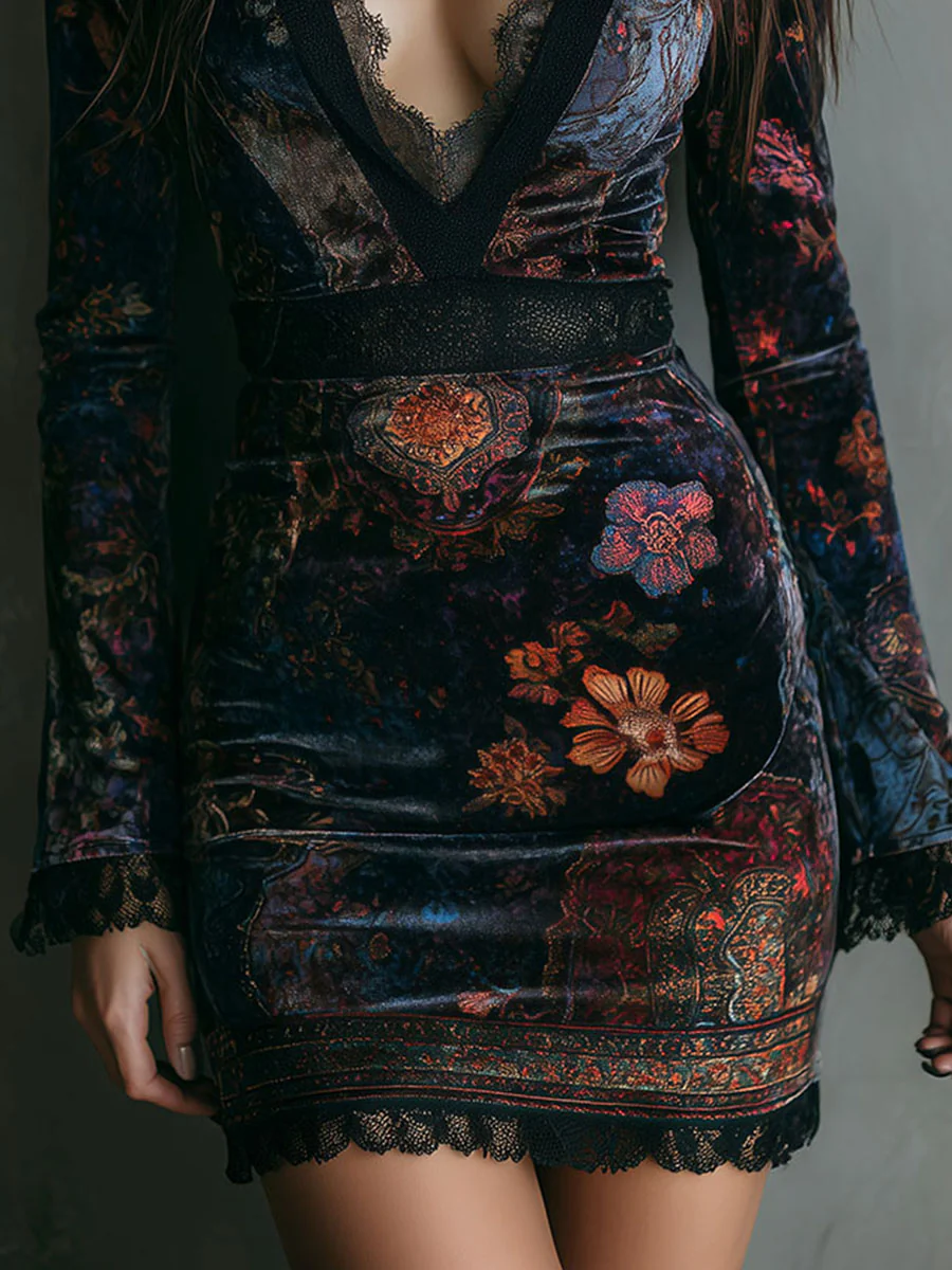 Liora ❘ Mini robe florale en velours avec dentelle